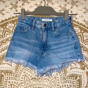 “PACSUN” LADIES BLUE DENIM FRAYED ZIP & BUTTON-UP SHORTS, SIZE 22 (WAIST 23)